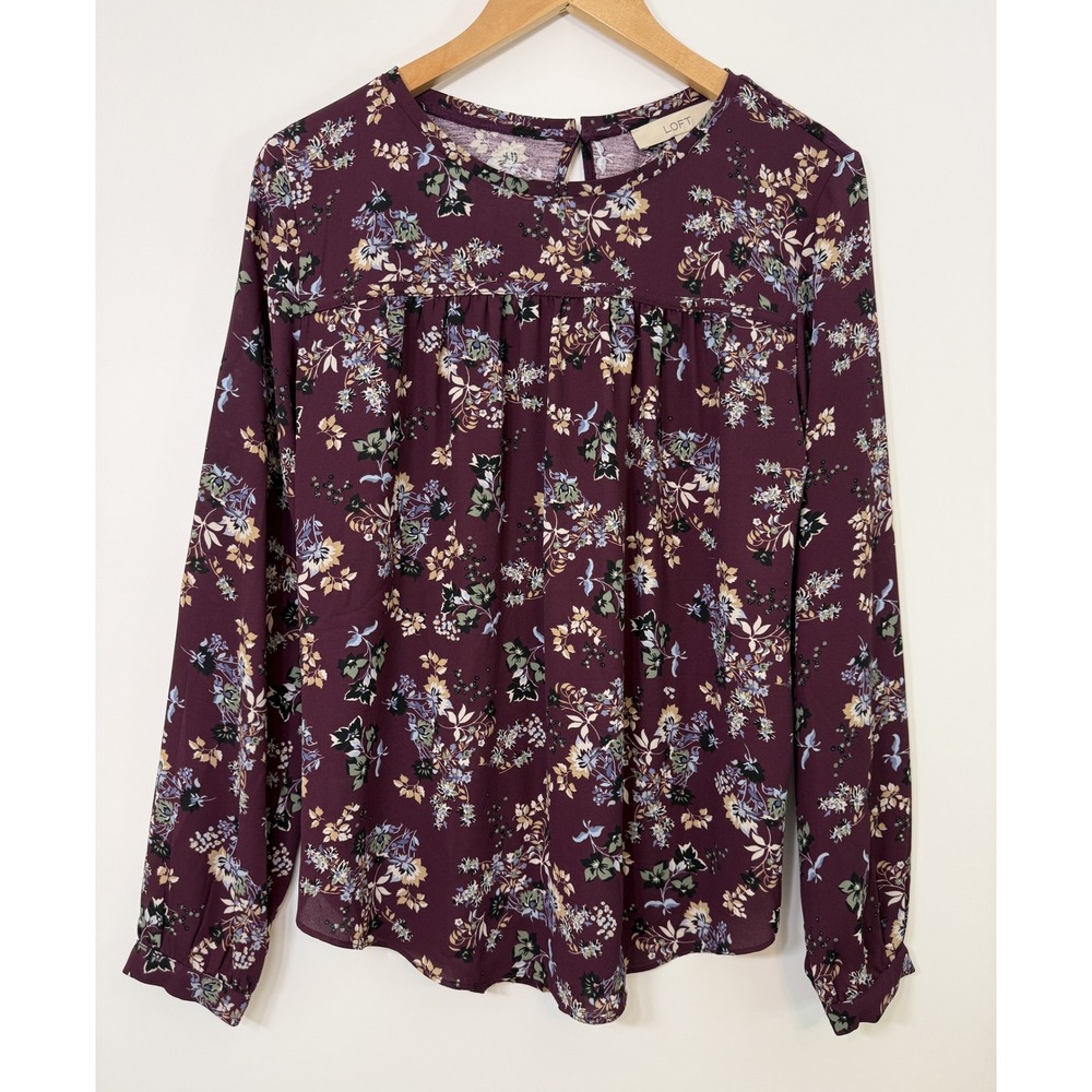 LOFT Floral Blouse Women S Maroon Long Sleeve Mixed Media Shirt Pullover Lovely!
